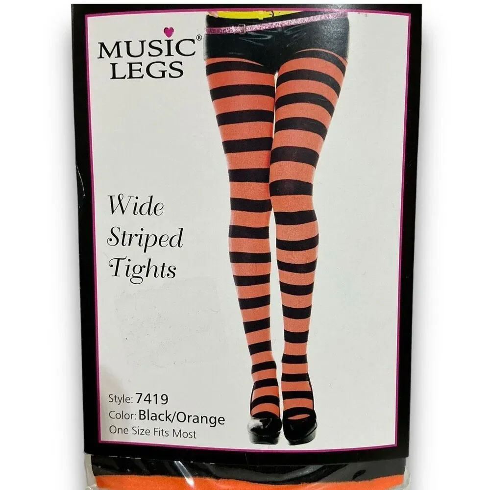 Music Legs 7419 Black & Orange Wide Striped Tights One Size Fits Most